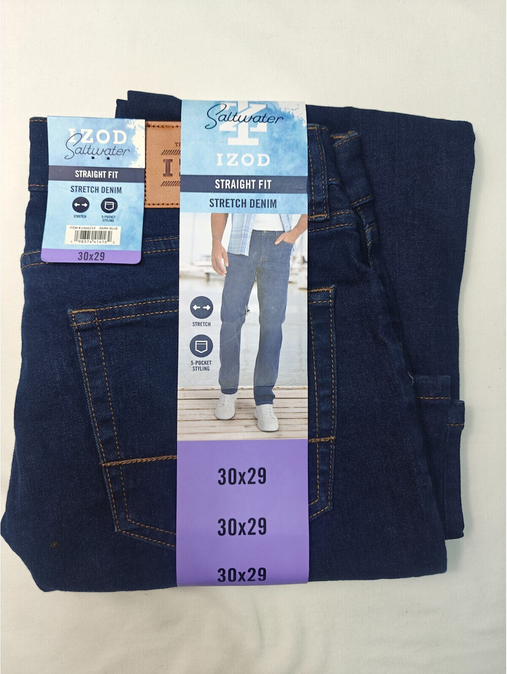 IZOD Saltwater Men’s Jeans 30x29 DarkBlue Straight Fit Comfort Stretch Denim NWT